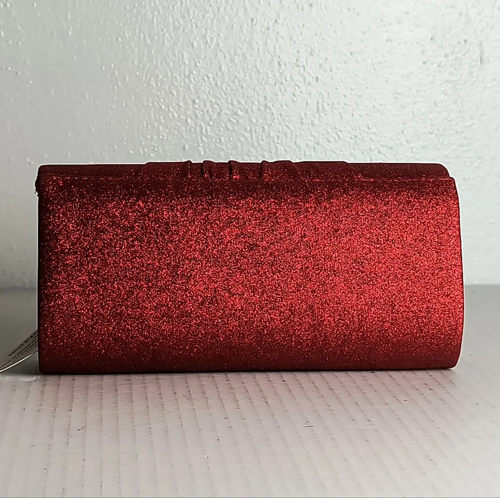 Shimmer Red Vampire Satin Evening Clutch Bag Snap Closure Glitter Red Rhinestone